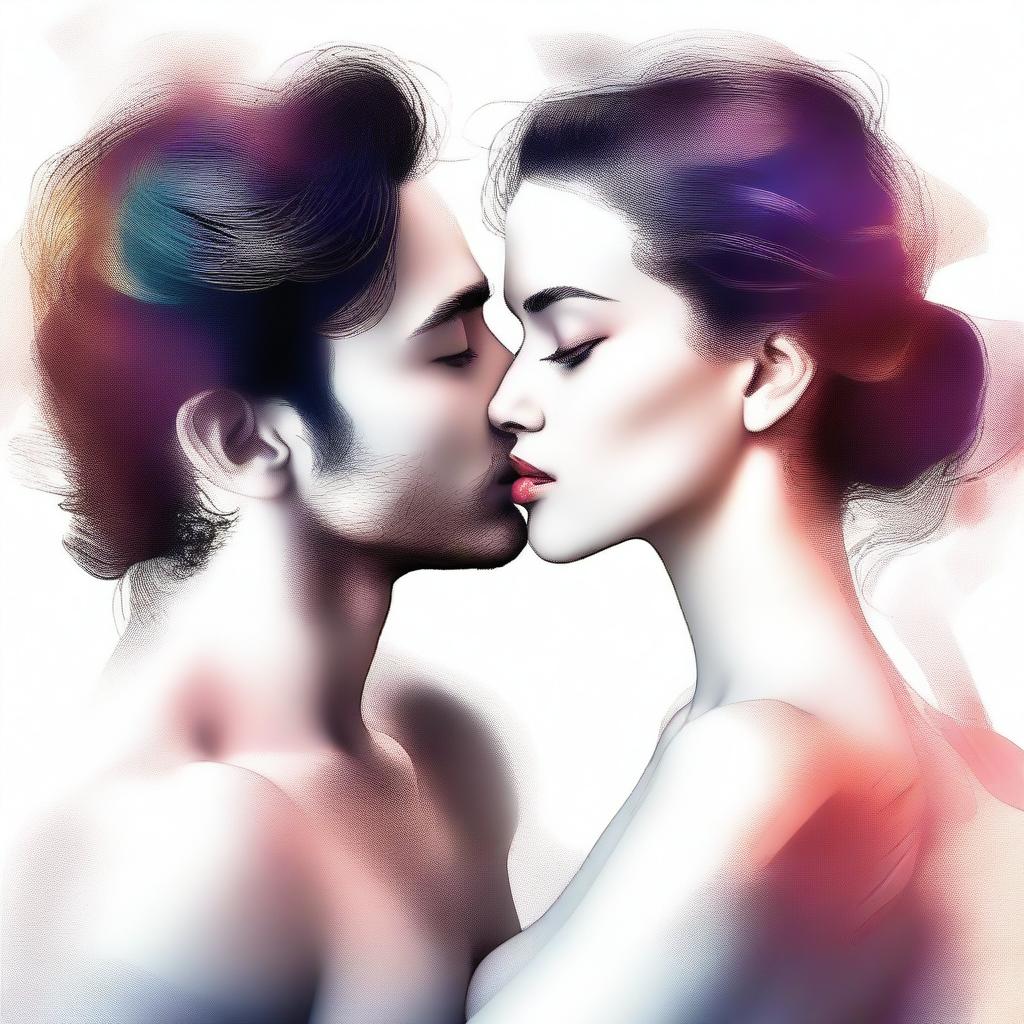 A high-quality digital art piece portraying a couple in a passionate embrace, their faces close and on the verge of a kiss