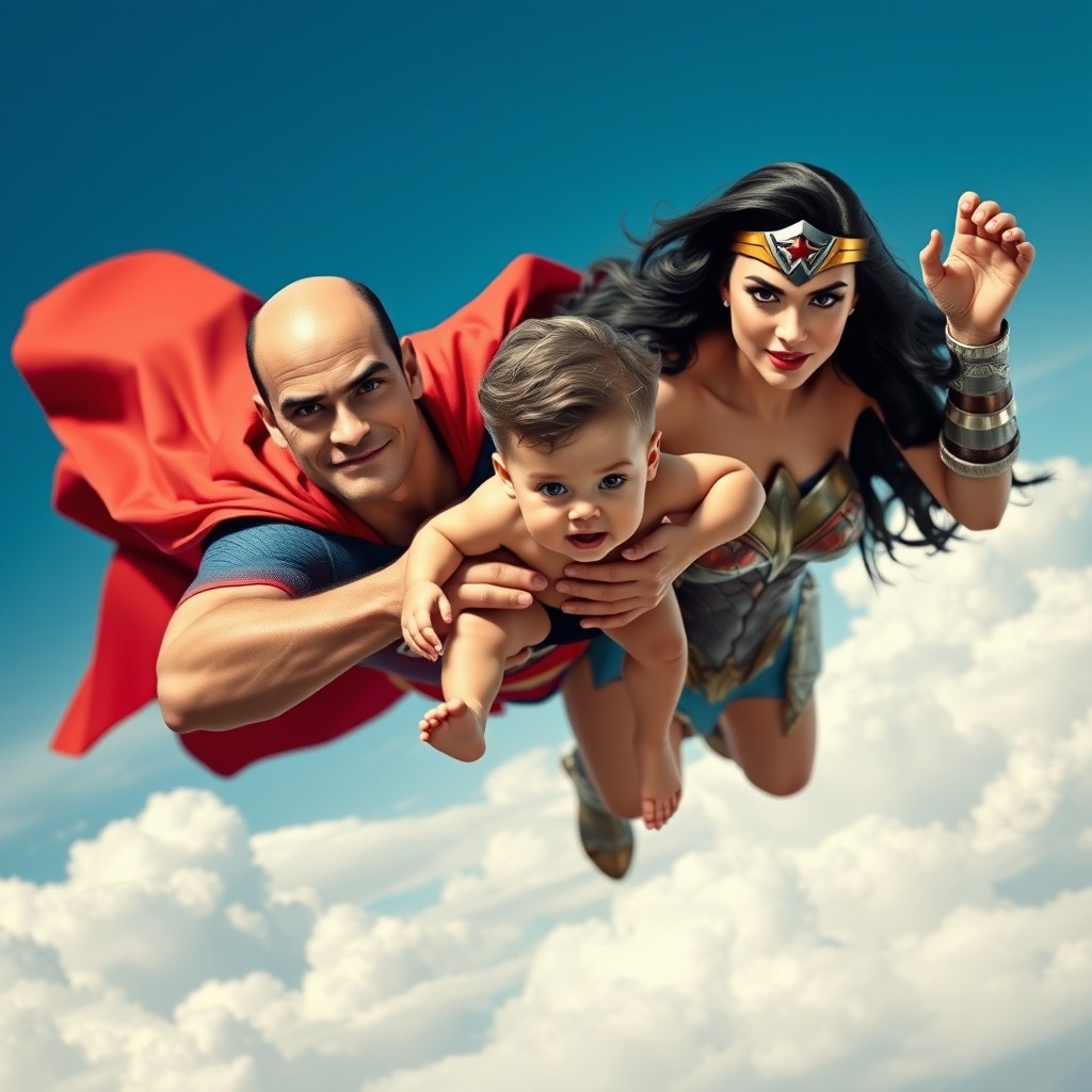 Superman, bald, and Wonder Woman flying together, holding a baby boy who has the head of an adult man