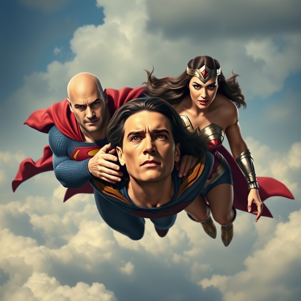 A realistic portrayal of Superman, bald, and Wonder Woman flying together, holding the head of an adult man