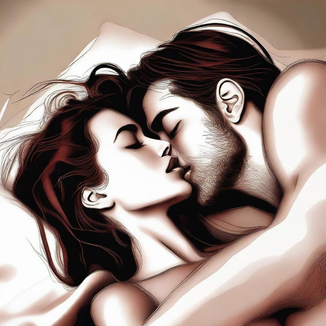 A tasteful digital art piece of a couple in bed, engaged in a passionate kiss