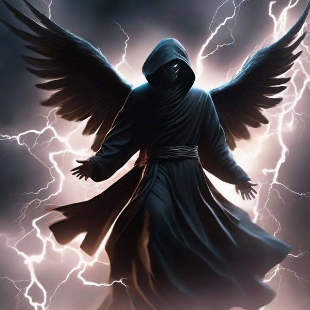 A powerful man in a black hooded robe, his immense wings forged of intense lightning, fearlessly flies against a thunderous backdrop, putting up a formidable fight with a myriad of mesmerizing moves.