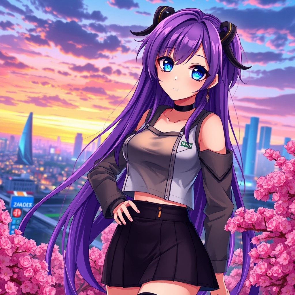 A realistic anime girl with long flowing purple hair and big sparkling blue eyes