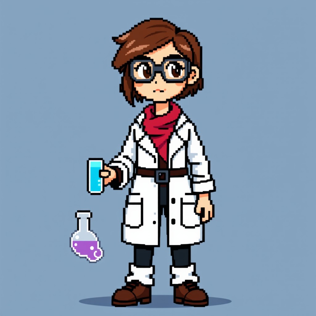 A female chemist standing full height, holding a flask with a focused expression