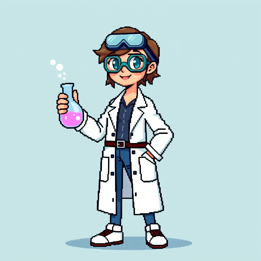 A female chemist standing full height, holding a flask with a confident smile