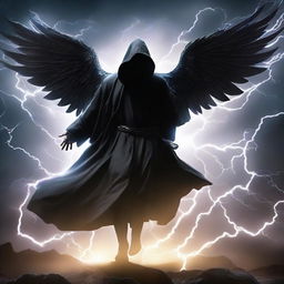 A powerful man in a black hooded robe, his immense wings forged of intense lightning, fearlessly flies against a thunderous backdrop, putting up a formidable fight with a myriad of mesmerizing moves.