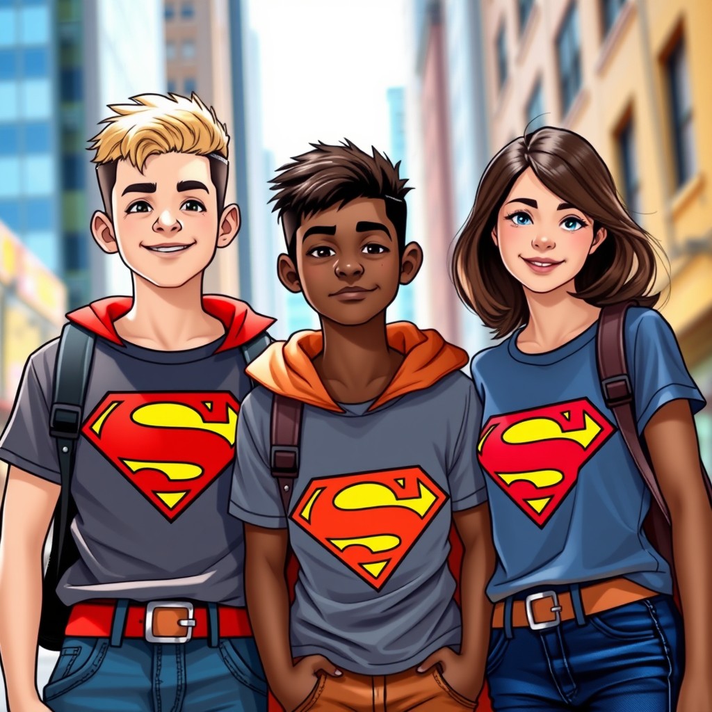 A group of three confident teenage superheroes standing together, showcasing their unique styles