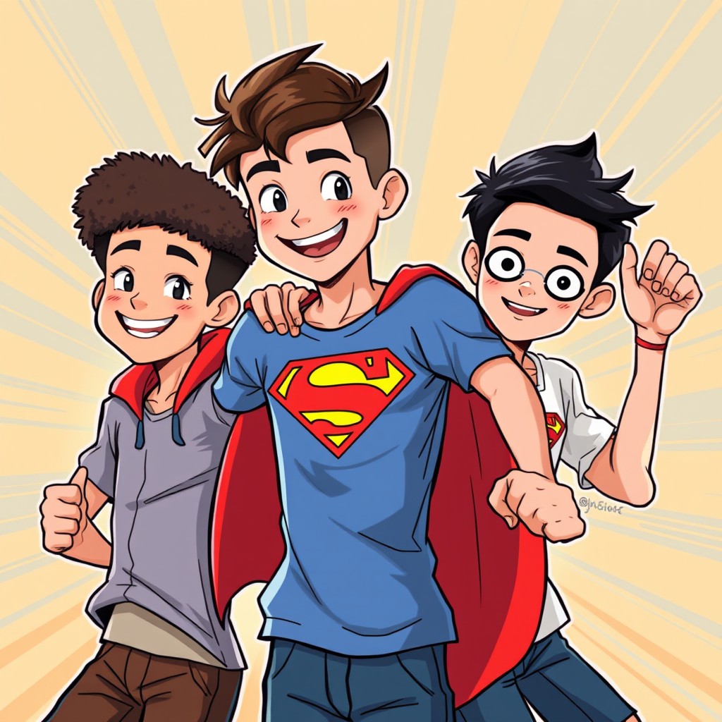 A comic-style illustration featuring a group of three teenage boys