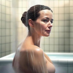 A digital art piece of a confident, mature woman in the shower