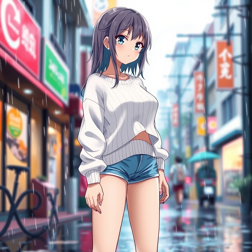 Anime girl standing in the street, rain pouring down on her, showcasing her figure