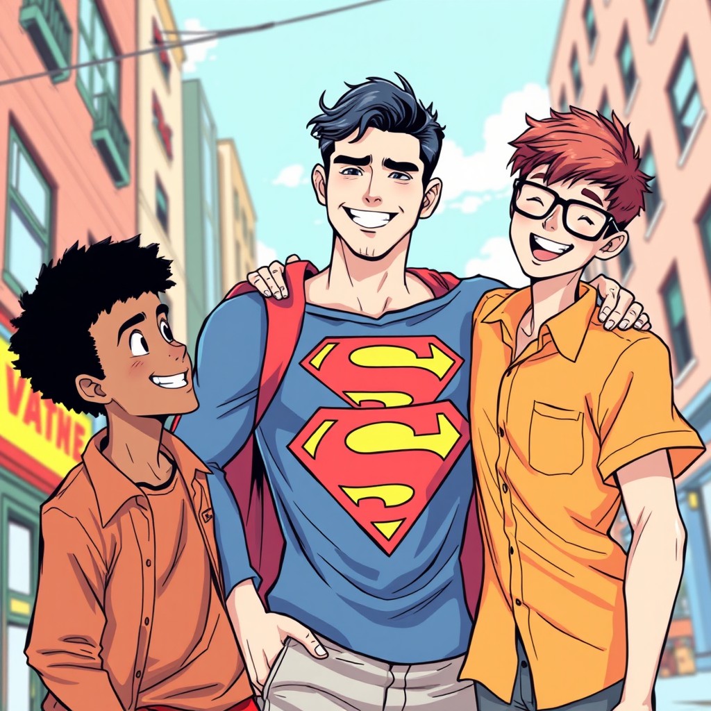 A dynamic comic-style illustration featuring three teenage male characters