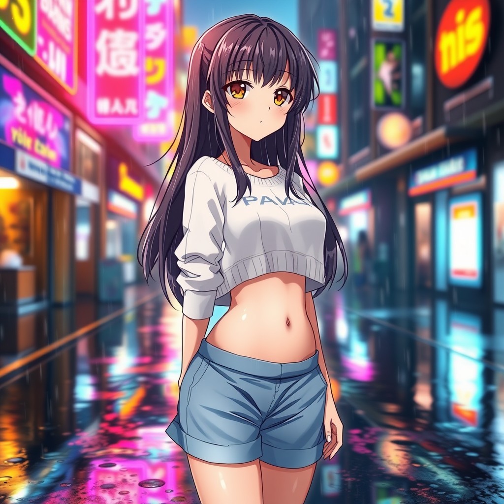 Anime girl standing in the street, being rained on, her body is well-defined