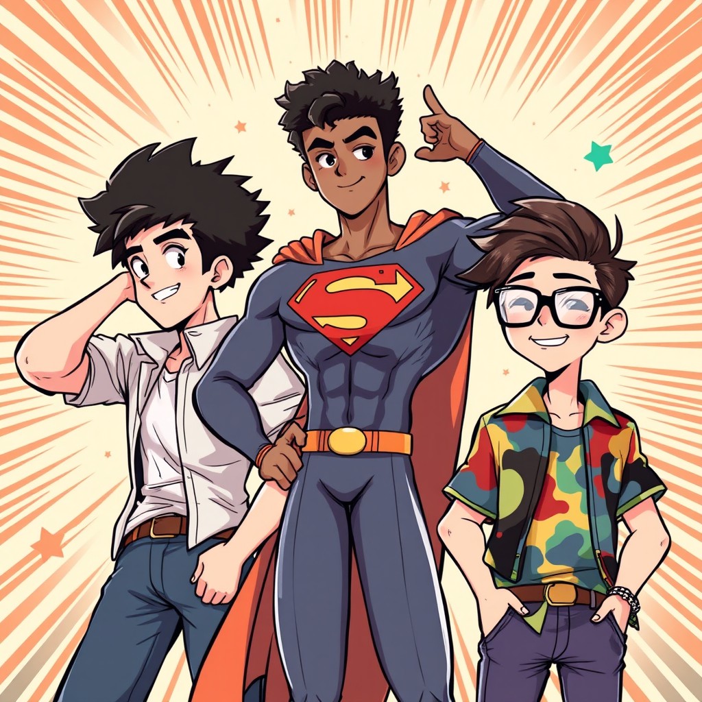A dynamic comic style illustration featuring three teenage male characters