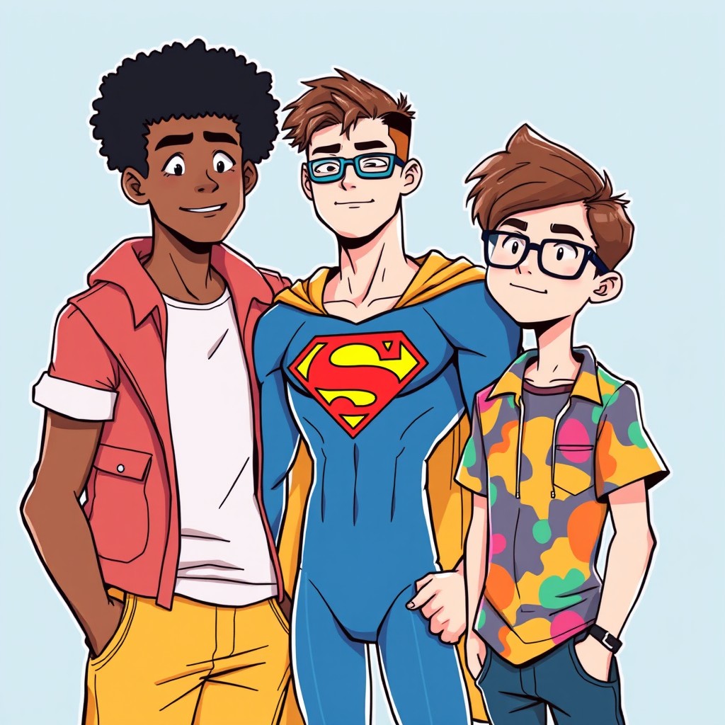 A vibrant comic-style illustration featuring three teenage male characters
