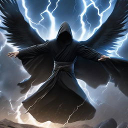 A powerful man in a black hooded robe, his immense wings forged of intense lightning, fearlessly flies against a thunderous backdrop, putting up a formidable fight with a myriad of mesmerizing moves.