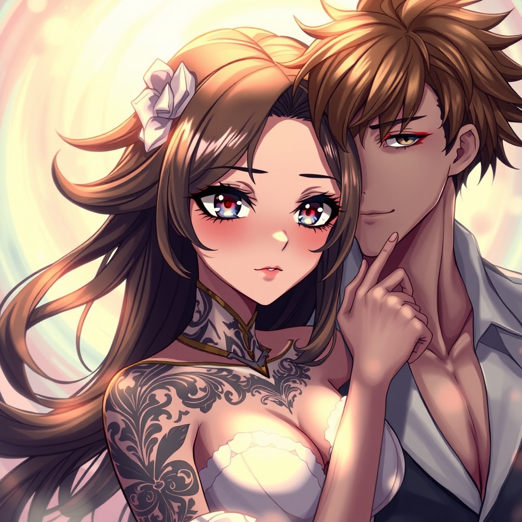 A beautifully designed anime-style young woman with flowing hair, adorned with intricate tattoos and a glowing aura