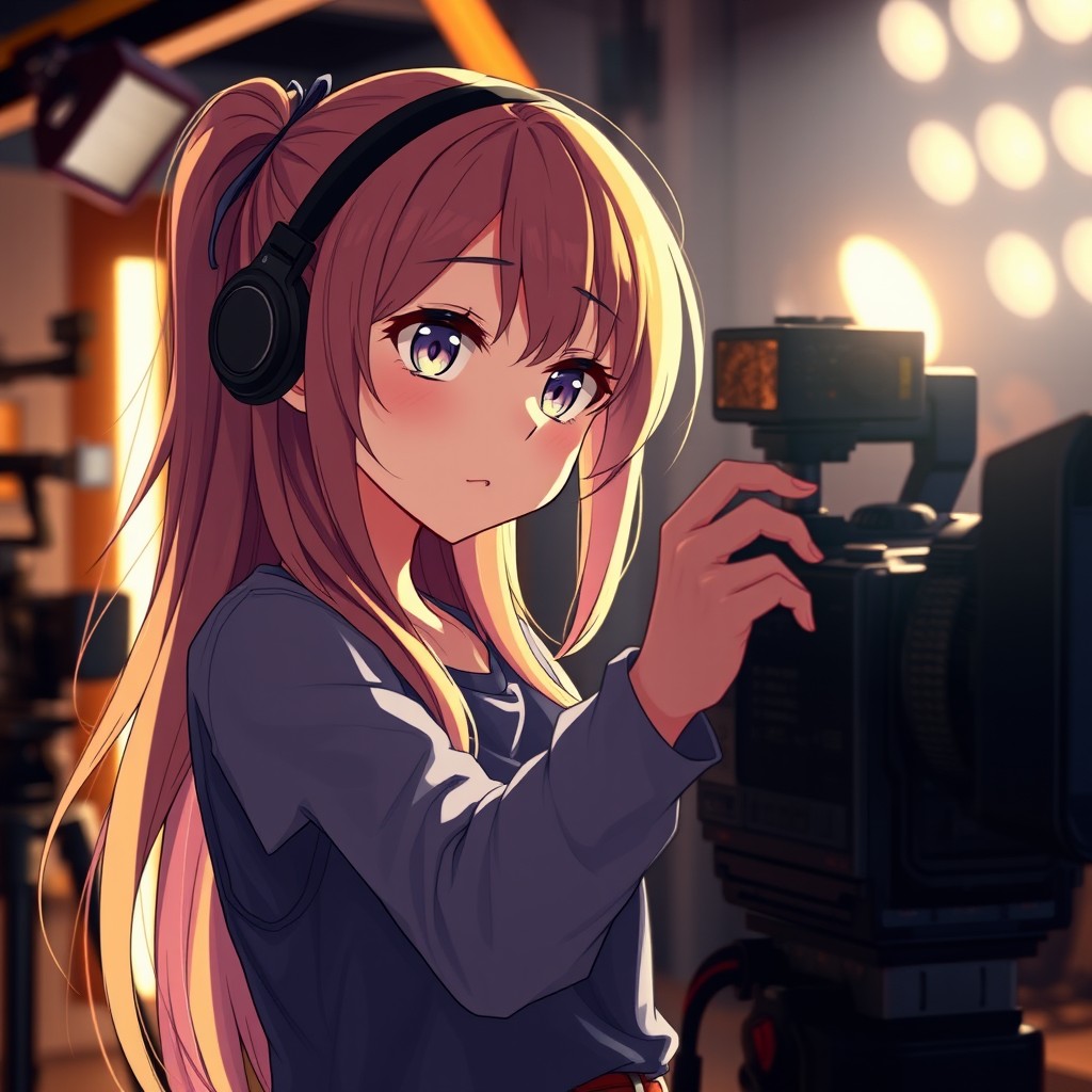 A scene featuring an anime girl working on a film set, showcasing a focused expression as she adjusts lighting and camera equipment