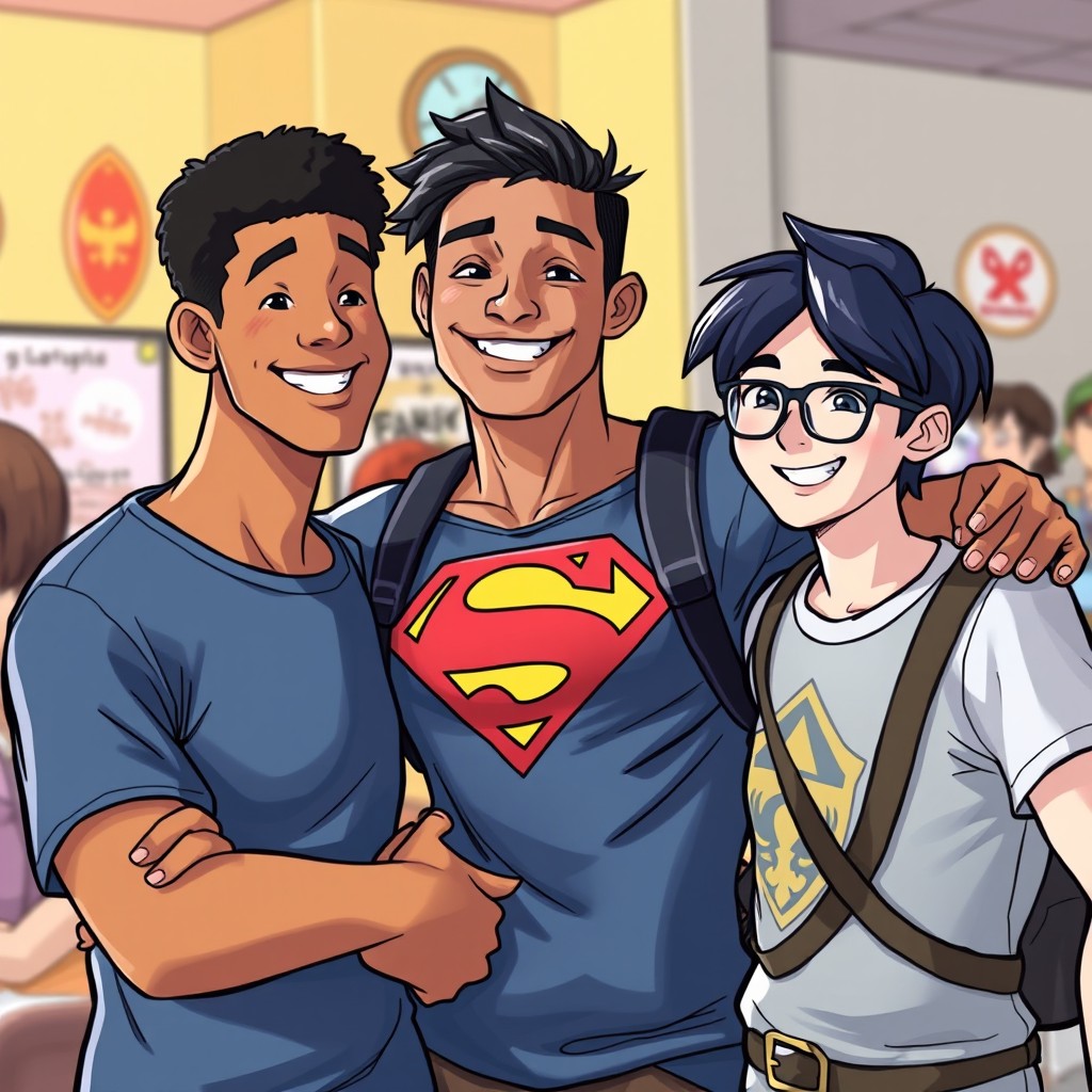 A lively scene depicting three friends in a fun and casual environment