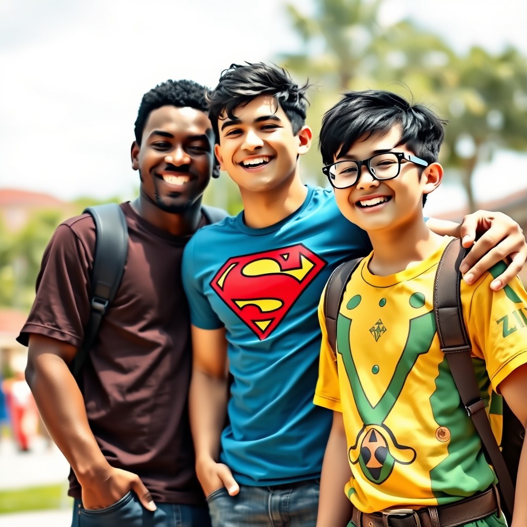 A lively and colorful scene featuring three friends enjoying time together outdoors