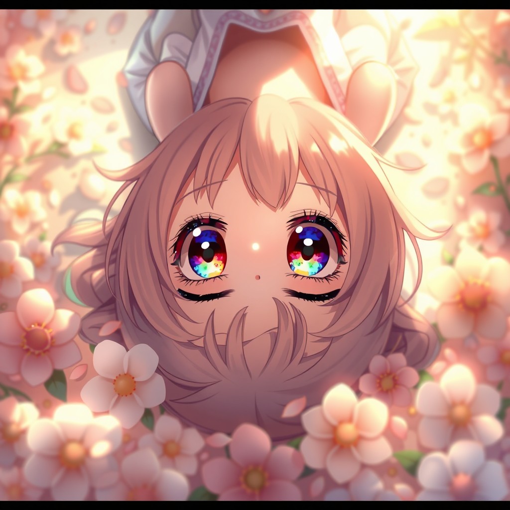 A stunning anime girl lying flat on her back in a very artistic pose, showcasing vibrant facial features with large expressive eyes and colorful hair
