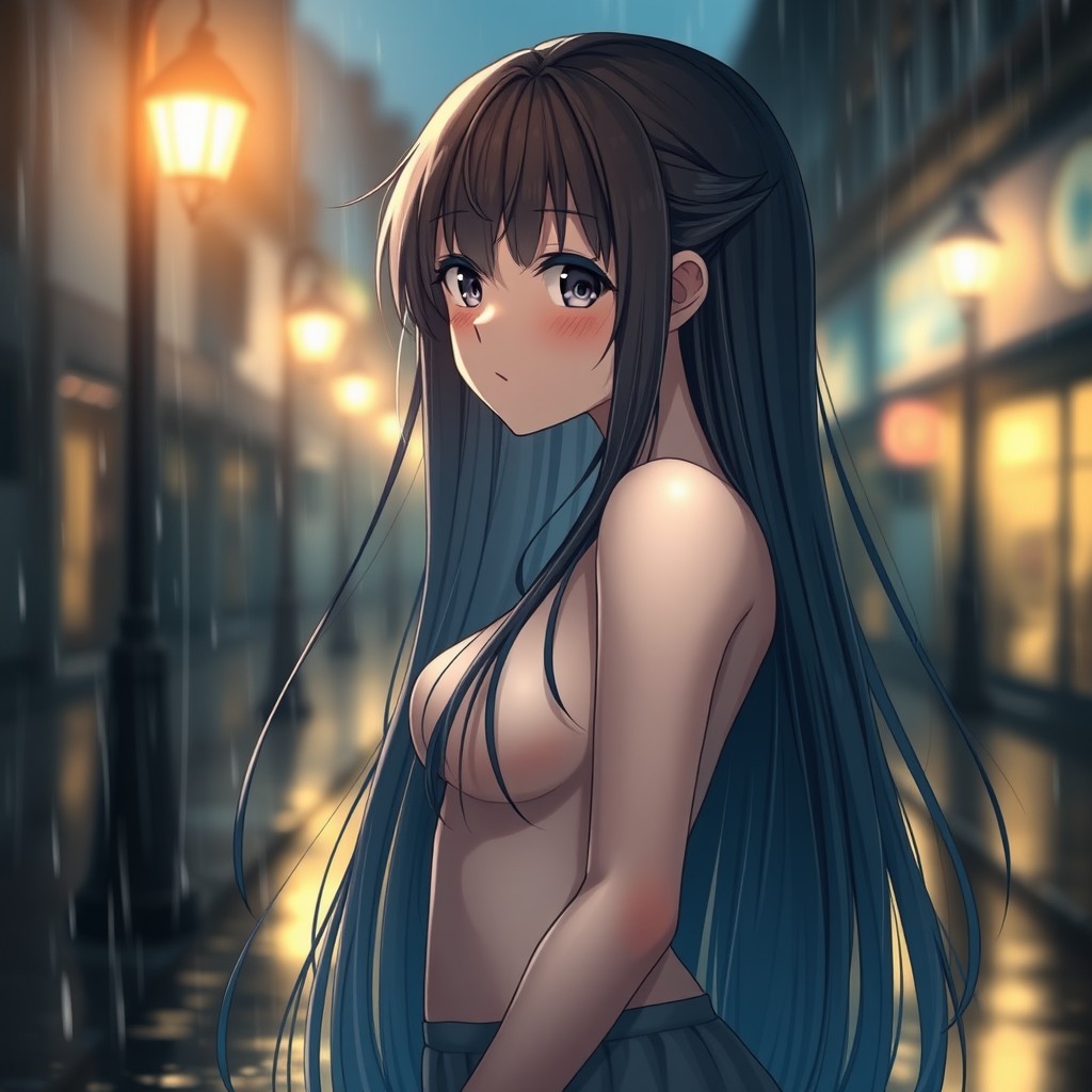 A beautiful anime girl standing in the rain on a street, with raindrops cascading down her hair and skin, capturing the serene yet dramatic atmosphere of a rainy day