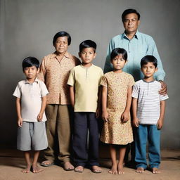 A family portrait of an Indonesian family consisting of a 40-year-old man, a 30-year-old woman, and their four children: a 3-year-old boy, a 17-year-old boy, a 13-year-old boy, and a 6-year-old girl