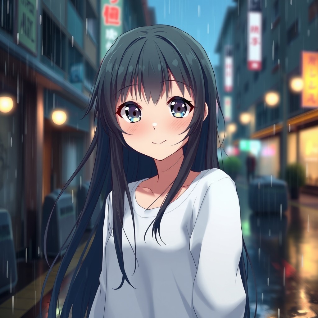An anime girl standing in the street under the rain, facing the camera