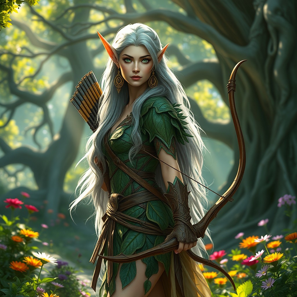 A majestic elven warrior standing gracefully in a lush, enchanted forest