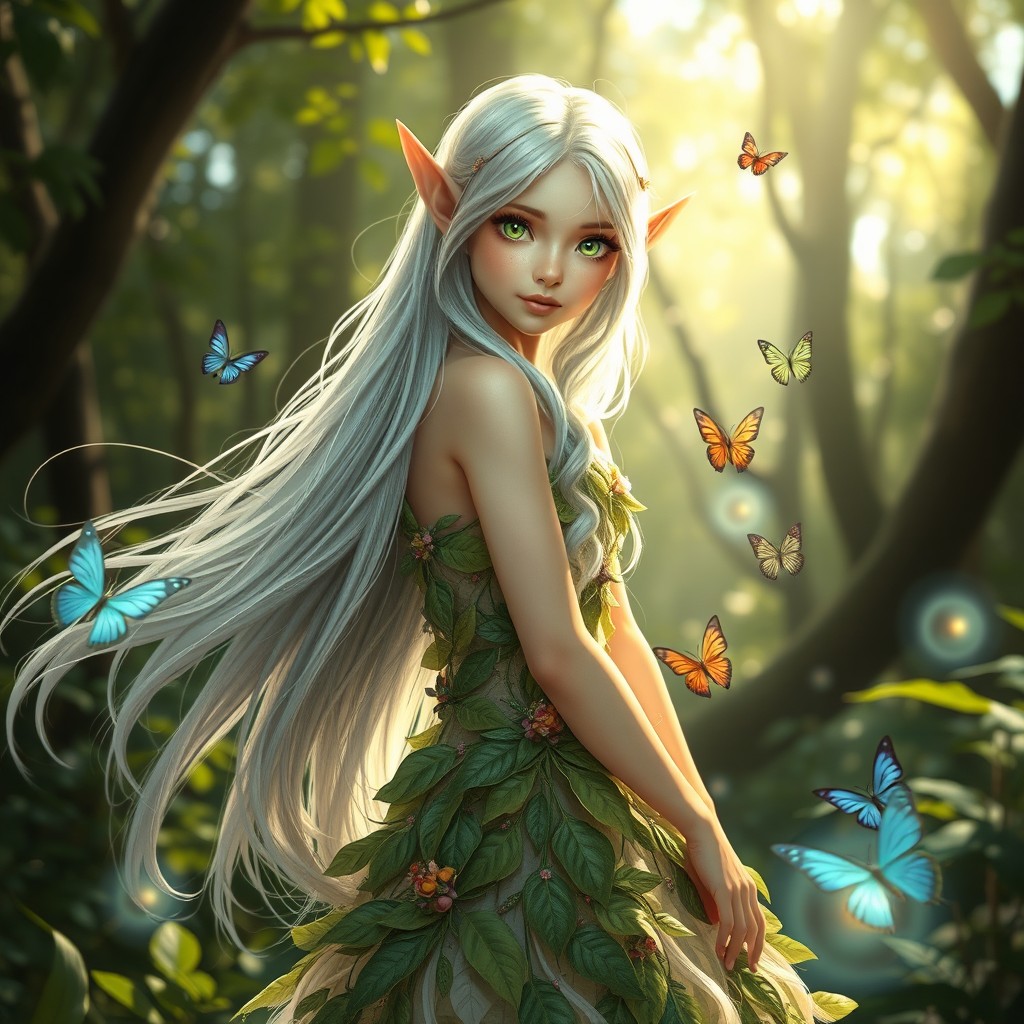 A beautiful and enchanting elf girl with long flowing silver hair and sparkling emerald green eyes