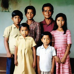 A family portrait of an Indonesian family consisting of a 40-year-old man, a 30-year-old woman, and their four children: a 3-year-old boy, a 17-year-old boy, a 13-year-old boy, and a 6-year-old girl