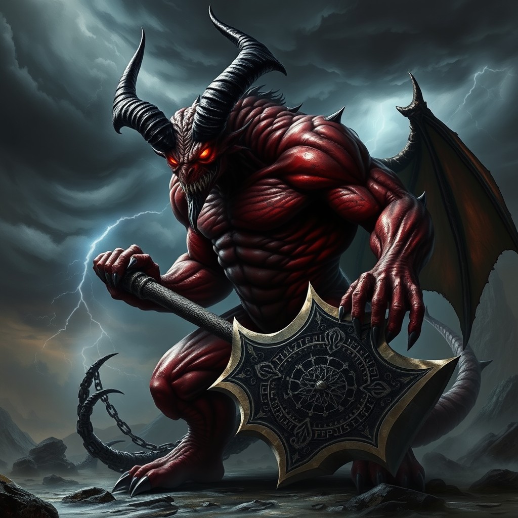 A Tanar'ri, depicted as a formidable demon with menacing features and a twisted visage, stands powerfully in an ominous, shadowy environment