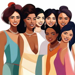 A high-quality digital art image showcasing a group of beautiful women, each with diverse features and styles