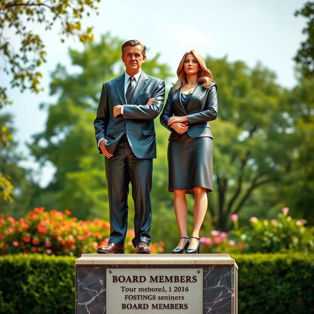 A monument featuring two figures representing board members, standing confidently side by side