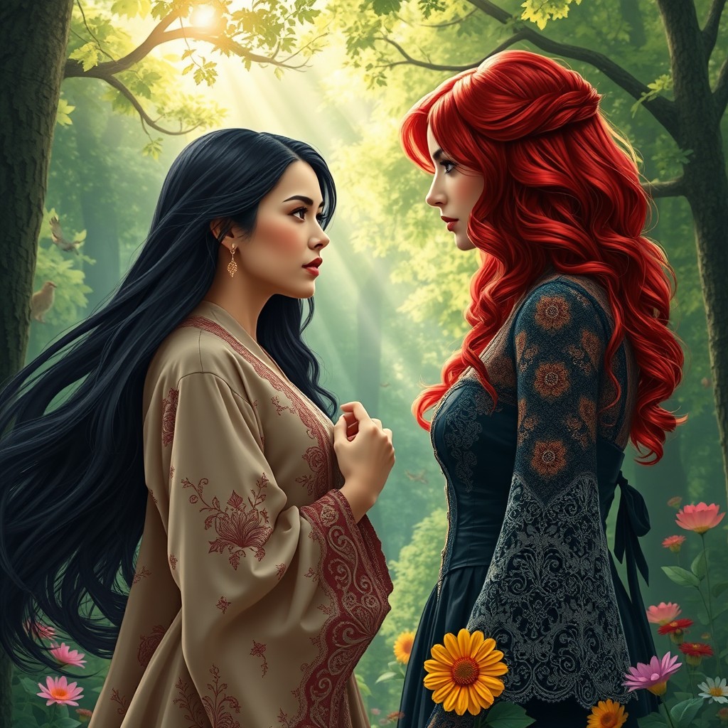 Two beautiful women facing each other, set against a lush, enchanted forest backdrop, with soft sunlight filtering through the greenery