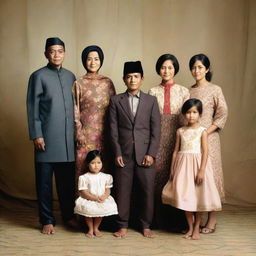 A family portrait of an Indonesian family consisting of a 40-year-old man, a 30-year-old woman, and their four children: a 3-year-old boy, a 17-year-old boy, a 13-year-old boy, and a 6-year-old girl