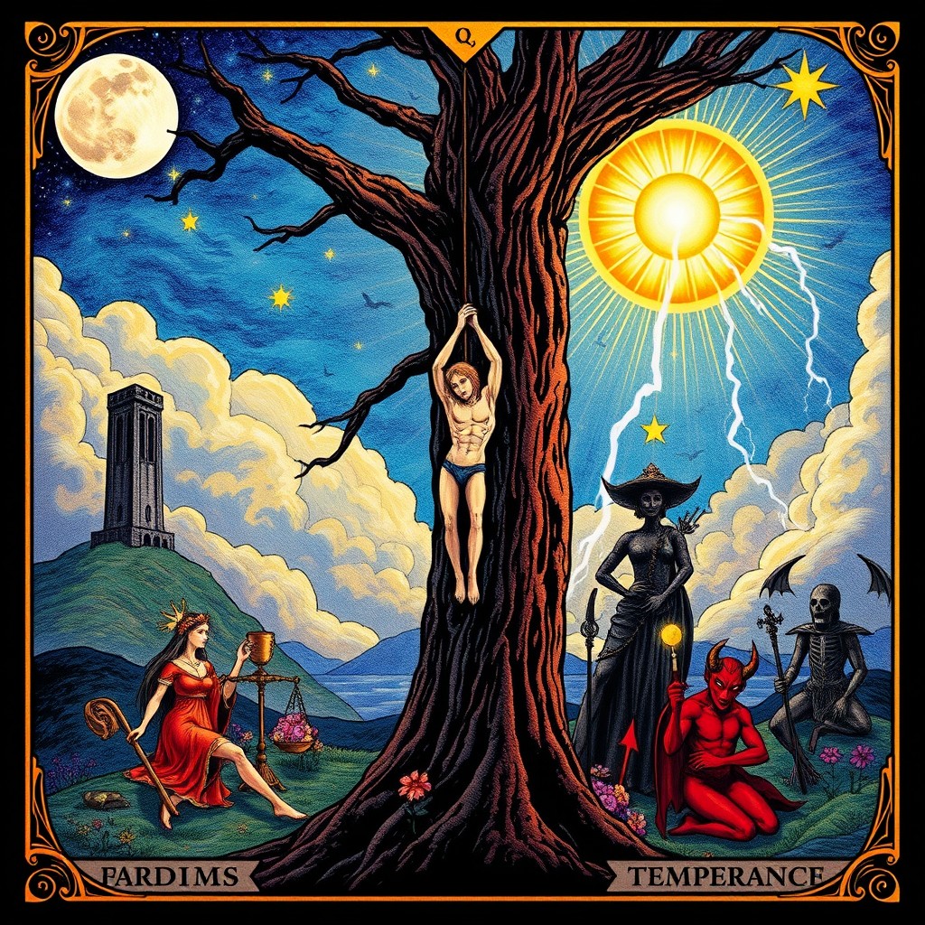 A mystical tarot card scene featuring the Hanged Man hanging from a tree, surrounded by a serene night sky filled with the Moon and a radiant Sun in the background