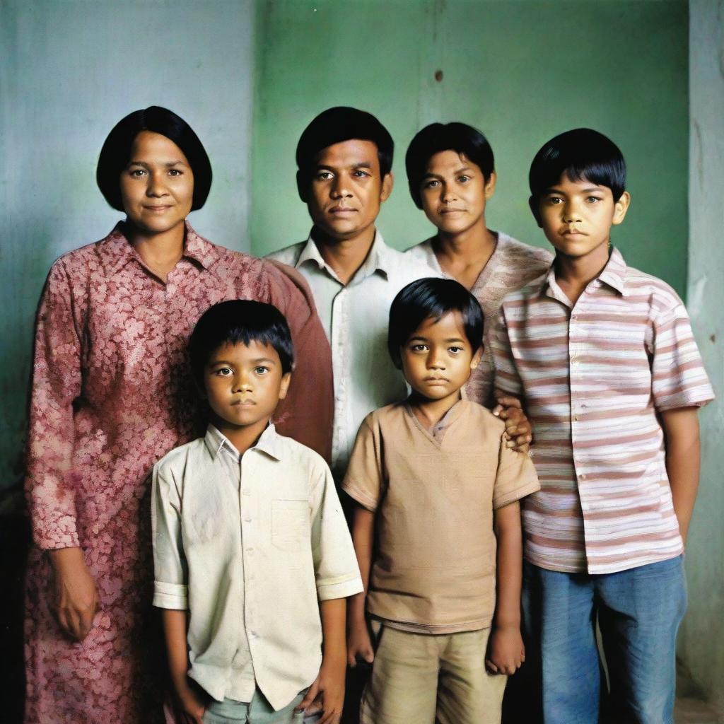 A family portrait of an Indonesian family consisting of a 40-year-old man, a 30-year-old woman, and their four children: a 3-year-old boy, a 17-year-old boy, a 13-year-old boy, and a 6-year-old girl