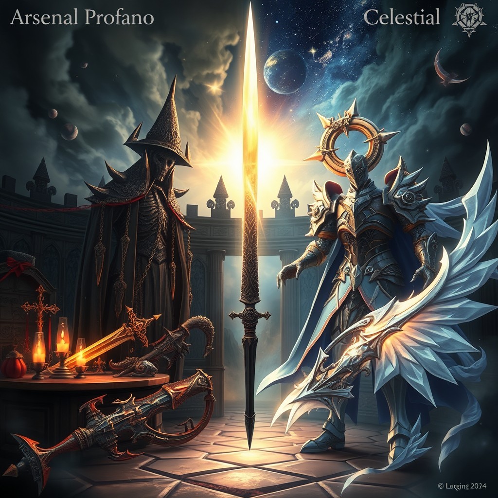 A dramatic and visually captivating artwork showcasing the two distinct arsenals in a role-playing game setting, featuring 'Arsenal Profano' and 'Arsenal Celestial'