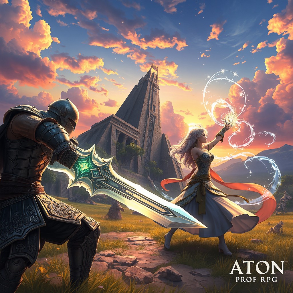 A scene depicting an expansive fantasy landscape featuring characters showcasing their unique techniques from Aton RPG