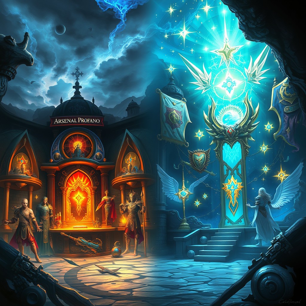A vibrant fantasy scene depicting two opposing arsenals: on one side, the 'Arsenal Profano' representing dark magic and chaotic energy, with twisted weapons, cursed artifacts, and ominous rituals; on the other side, the 'Arsenal Celestial,' showcasing divine weapons, radiant armor, and holy relics, glowing with celestial light and surrounded by ethereal beings