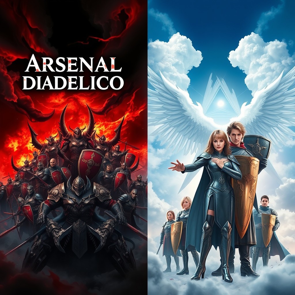 A dramatic split-image design showcasing "Arsenal Diabolico" on one side and "Arsenal Celestial" on the other