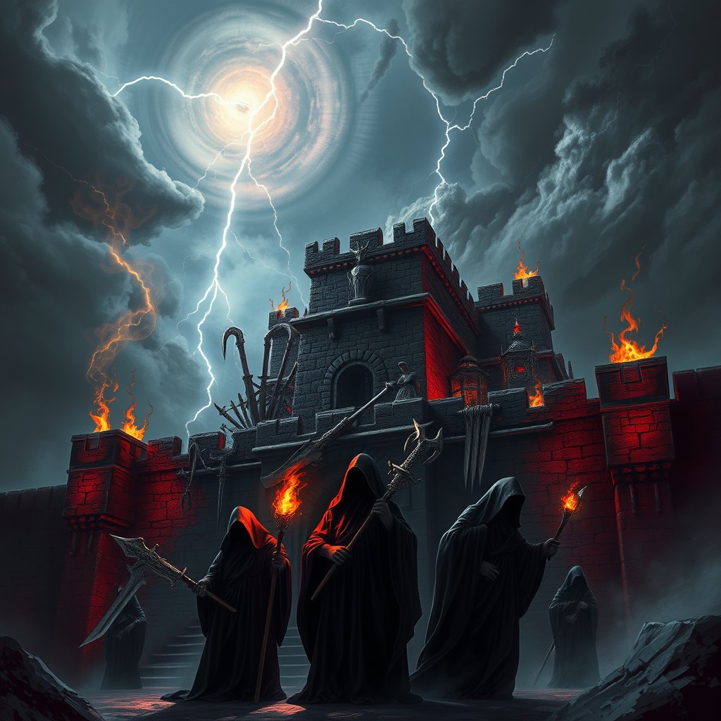 A dramatic and dark depiction of an 'Arsenal Diabolico', featuring a menacing fortress brimming with sinister weaponry and ominous artifacts