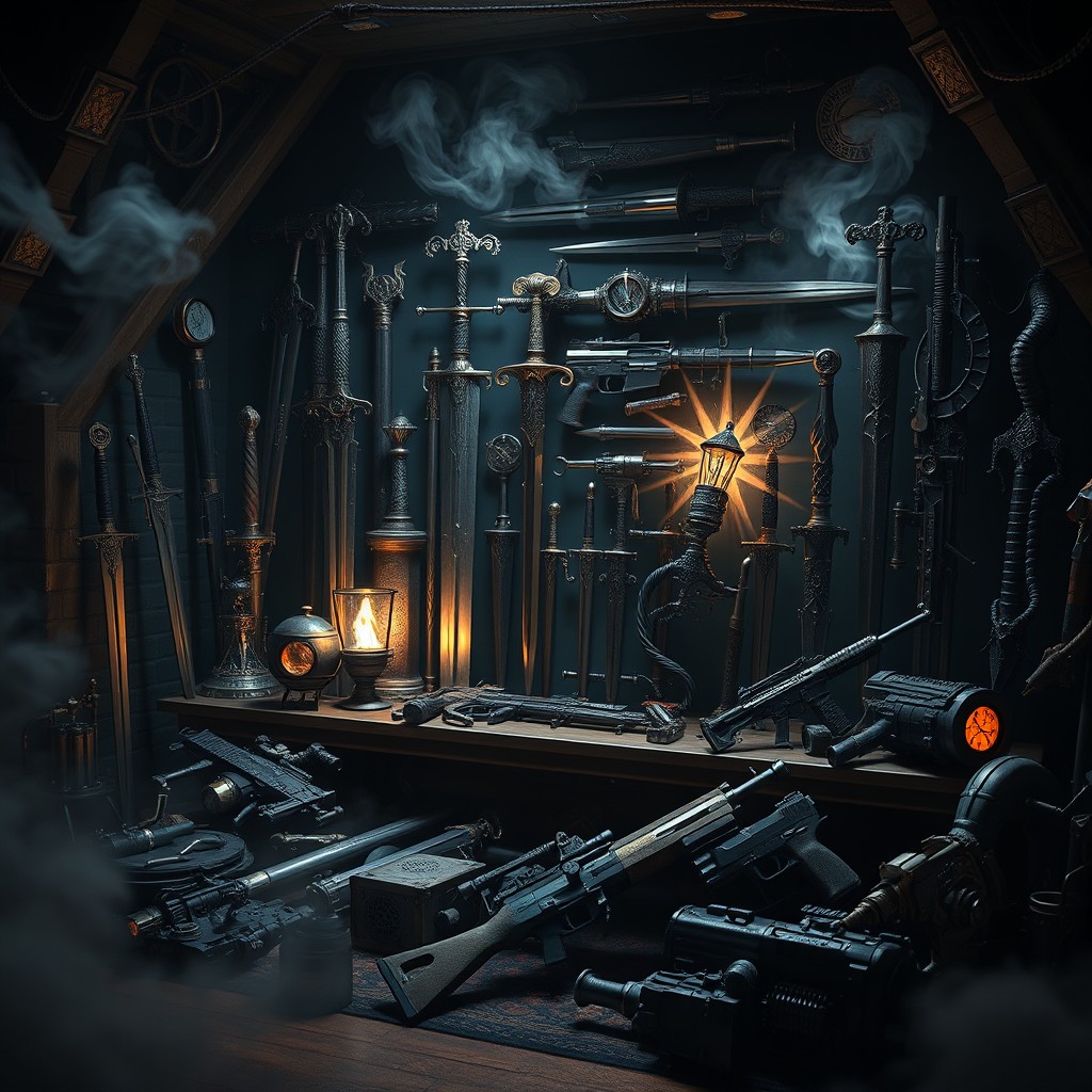 A stunning representation of a diabolical arsenal, featuring an array of intricately designed weapons and fantastical gadgets