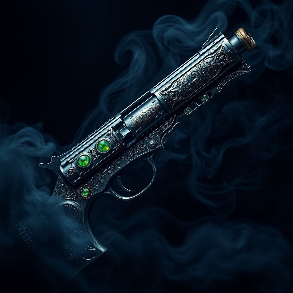 An intricately designed diabolical pistol, showcasing an impressive blend of dark fantasy and steampunk elements