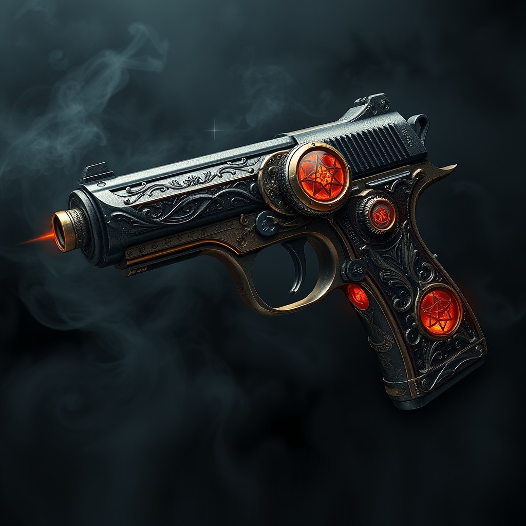 An elaborate depiction of a diabolical pistol, featuring intricate steampunk design elements intertwined with dark fantasy motifs