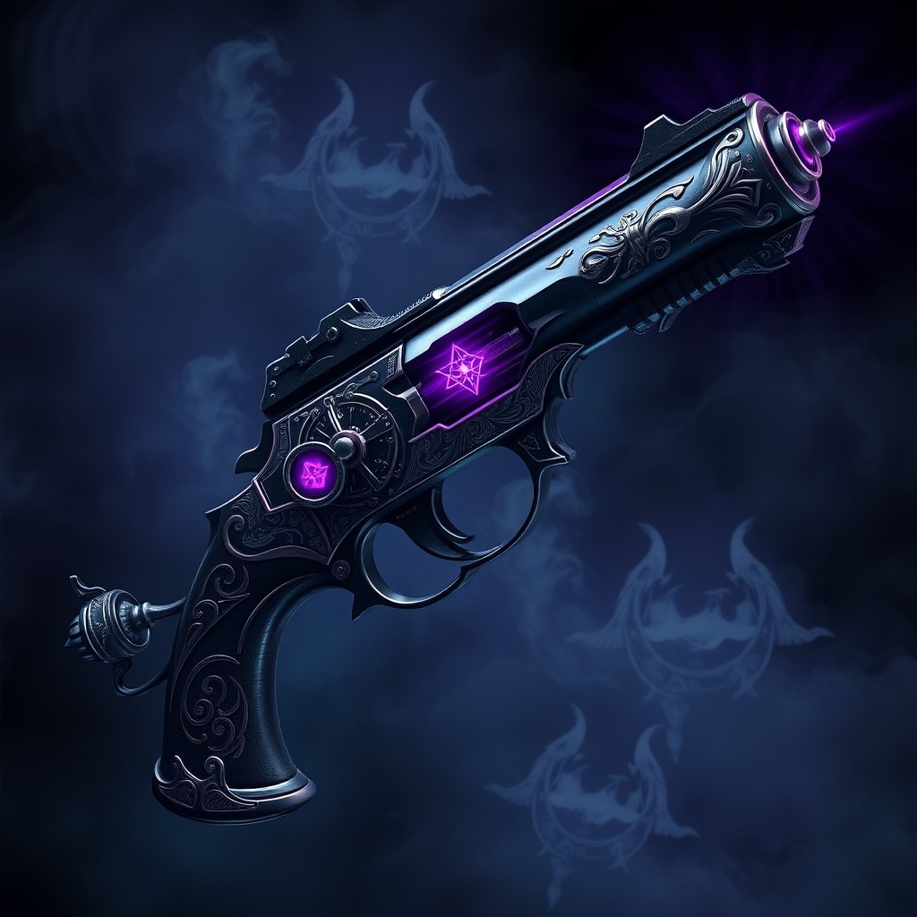 An elaborate depiction of a diabolical pistol, featuring a striking color scheme of purple, black, and silver