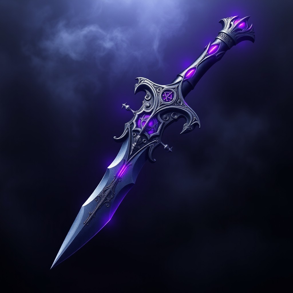 A striking portrayal of a diabolical dagger, featuring a captivating color scheme of purple, black, and silver