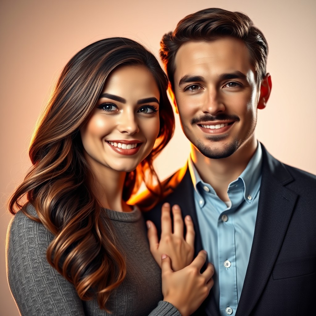 A beautifully composed image of a perfect couple standing together in a professional studio setting, showcasing their love and connection