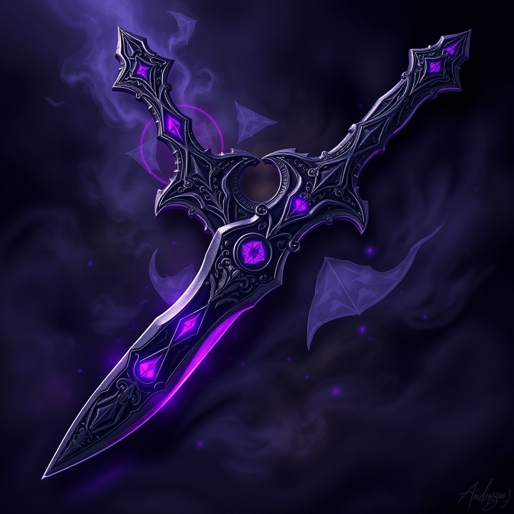 A captivating illustration of a diabolical dagger, showcasing a stunning blend of purple, black, and silver hues