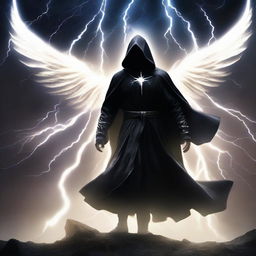 A compelling man donned in a black hooded robe, his grand wings composed of pure lightning energy, swiftly flies and combats with a dynamic display of a thousand breathtaking lightning moves.