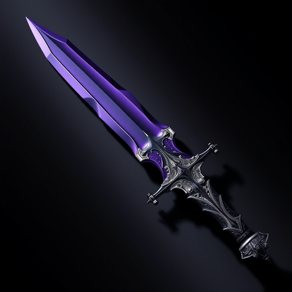 An intricate and beautifully designed dagger named "Arsenal Diabolico", featuring a blade with a rich purple hue, complemented by elegant black and silver accents